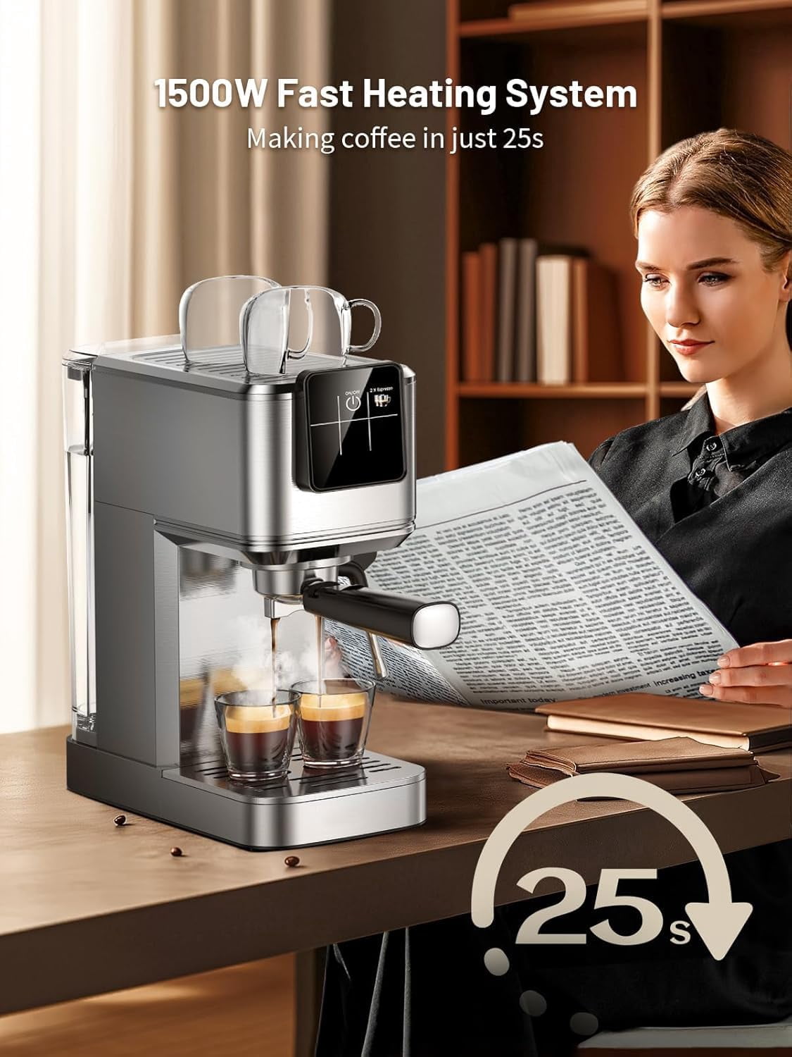 Espresso Machine 20 Bar Coffe Maker with Rapid Cold Brew, Compact Espresso Maker for Hot and Cold Cappuccino, Latte, Stainless Steel Coffee Machines with 1200ml Removable Water Tank