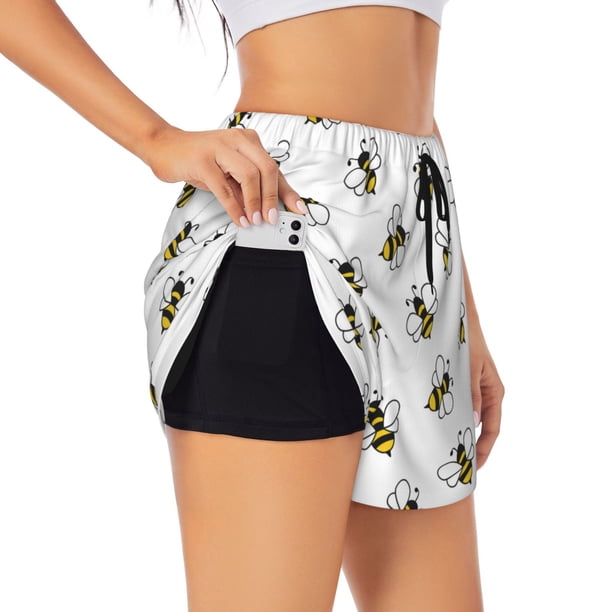 Balery Bee Pantalones cortos deportivos para mujer con forro y dos bolsillos, elásticos, para entrenamiento, gimnasio, yoga-XX-Large