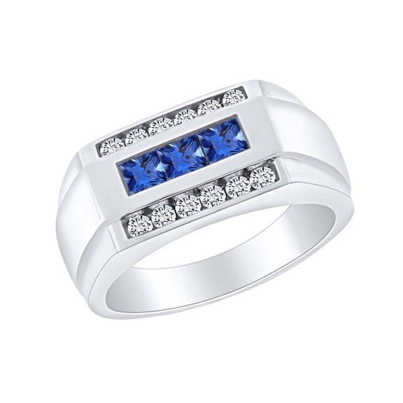 AFFY Father's Day Gift 1 Carat (Cttw) White Natural Diamond & Simulated Blue Sapphire Men's Statement Ring In 10k Solid White Gold Ring Size-9