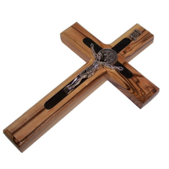 Two Tone Saint Benedict Crucifix - Olive Wood from Bethlehem with Top Grade Corpus and Saint Benedict Medal (6 Inches) - Olive Wood with Black