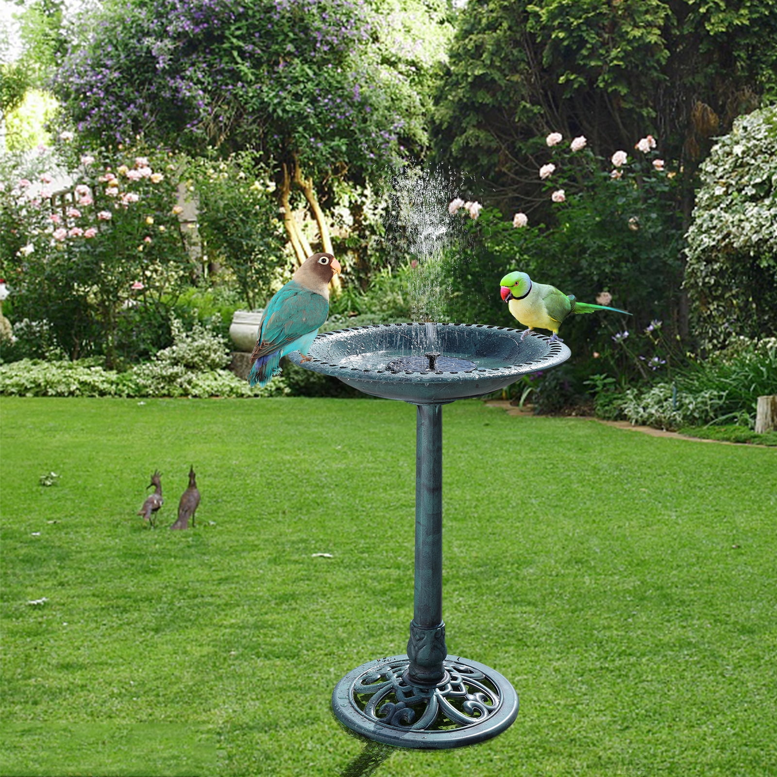 VINGLI Bird Bath with Solar Fountain 28 Inch Antique Green Resin Pedestal Birdbaths Vintage Garden Decor