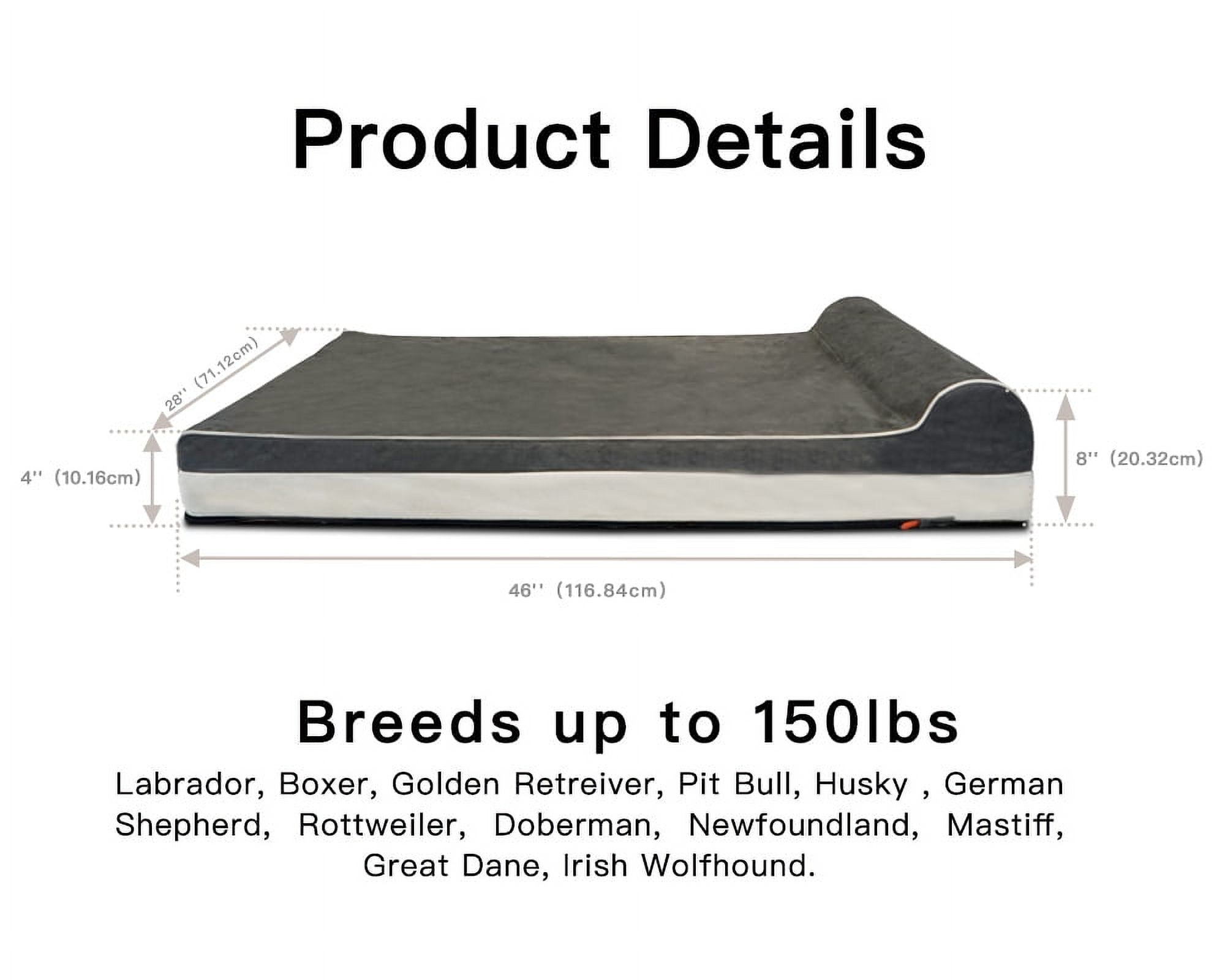 Laifug Orthopedic Memory Foam Large Dog Bed with Pillow and Durable WaterProof Liner & Removable Washable Cover  (Large (46"x28"x8"), Grey)