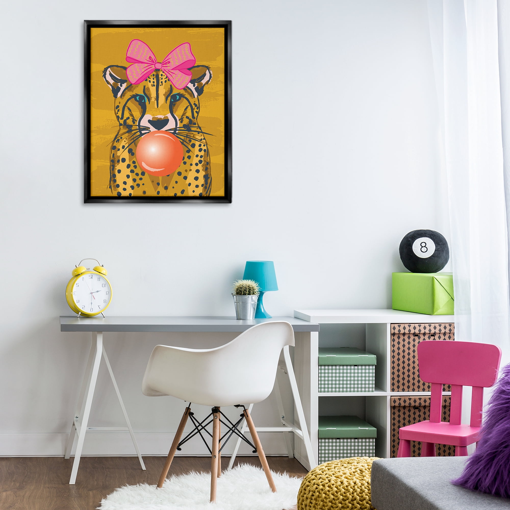 Stupell Industries Trendy Cheetah & Bow Animals Painting Black Floater Framed Canvas Art Print Wall Art, 25 x 31