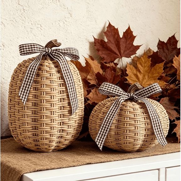 Fall Pumpkin Decor, Fake Rattan Pumpkin Decorations for Home, High-density Resin, Autumn Thanksgiving Harvest rustic farmhouse decor for coffee table mantle, 2PCS Checkered Bow