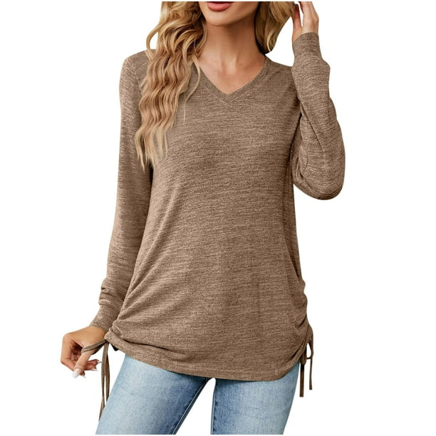 yievot Womens Casual V Neck Long Sleeve Tunic Tops to Wear with Leggings  Side Tie Fall Trendy Shirts Blouse 