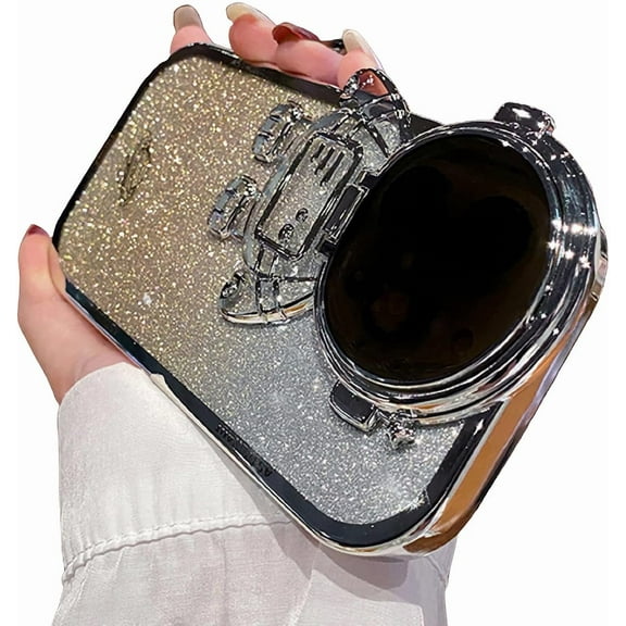 Compatible with iPhone 13 Pro Max Case Bling Glitter, for iPhone 12 Pro Max Case with 3D Astronaut Stand Plating Camera Lens Cover Soft Silicone Cute Phone Case for iPhone 14 Plus (Silver)