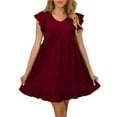 thumbnail image 1 of Liquidation d'Été 2025! Robe pour Femme Grande Taille, Liquidation de Robes d'Été pour Femmes, Robe Mini Unie à Volants à Manches Courtes à Col en V Décontractée d'Été pour Femme, 1 of 5