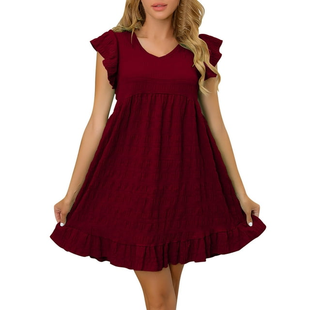 Liquidation d'Été 2025! Robe pour Femme Grande Taille, Liquidation de Robes d'Été pour Femmes, Robe Mini Unie à Volants à Manches Courtes à Col en V Décontractée d'Été pour Femme
