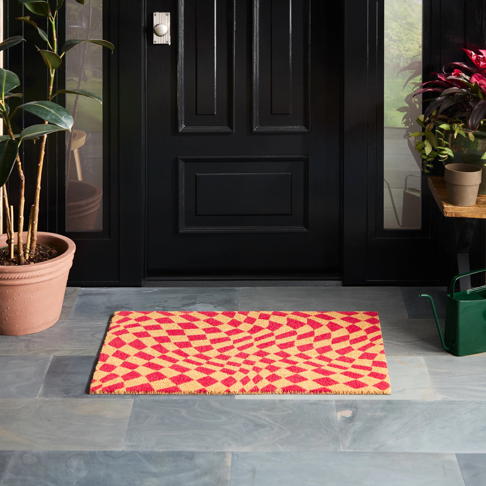 TOWN & COUNTRY TERRA Emmett Groovy Checkerboard Outdoor Door Mat, Natural Coir, Heavyweight, Non-Slip Entryway Mat, Red, 18"x30"