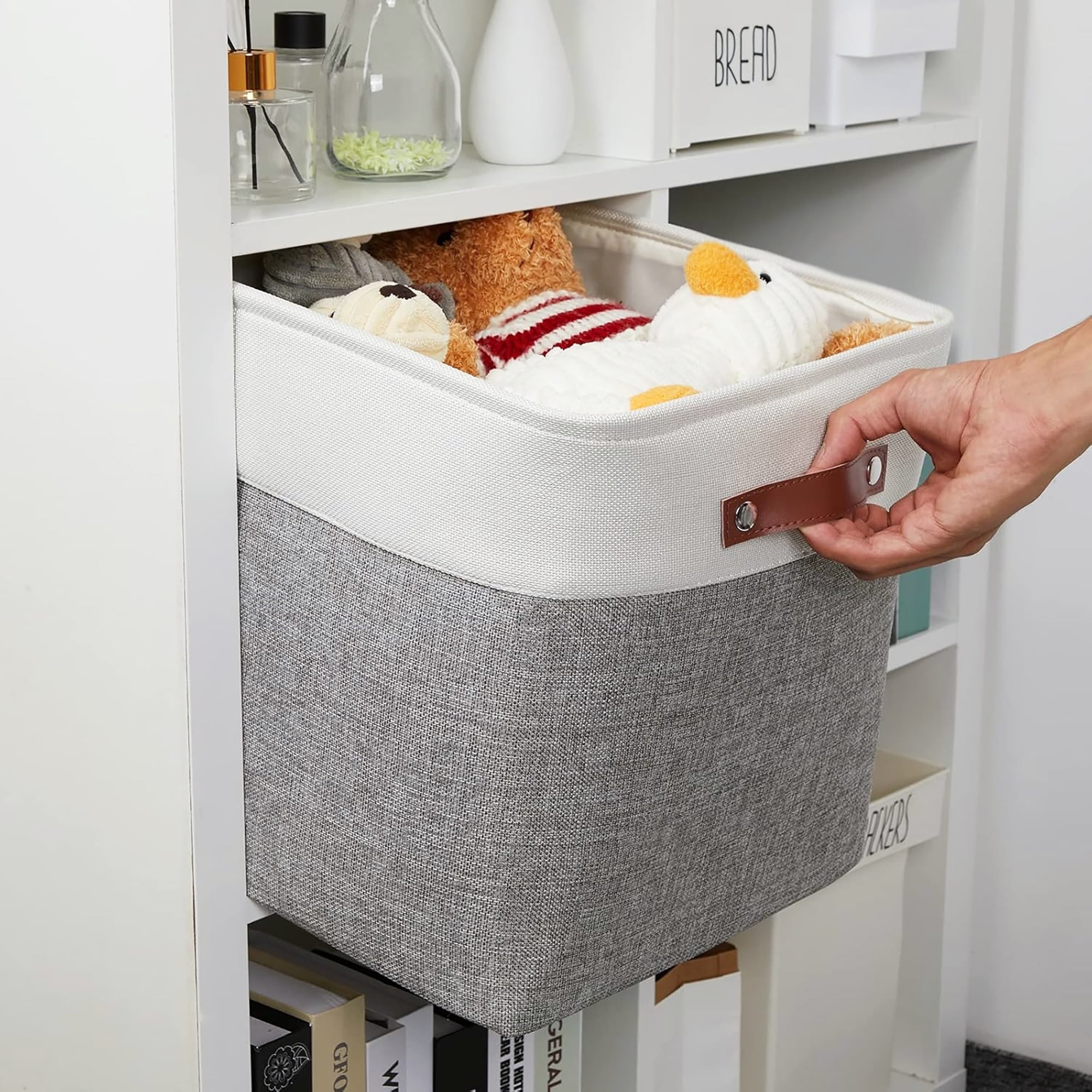 Tegance 13x13 Storage Cubes Baskets 4 Pack Fabric Cube Storage Bins Large Storage Baskets with Leather Handles,Decorative Storage Boxes for Organizing Shelves(White&Gray)