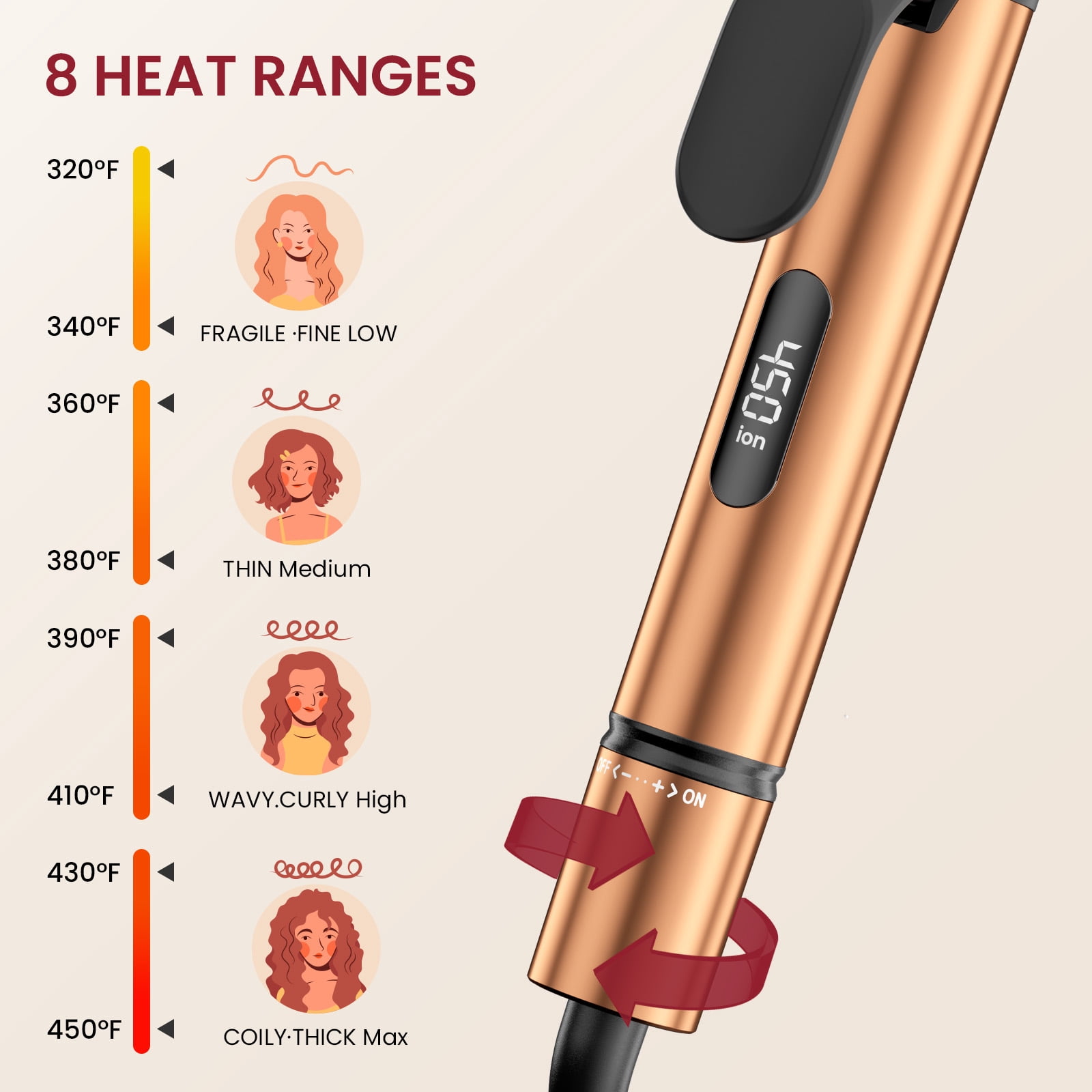 1.25 inch Professional Curling Iron, Long Barrel Curling Wand, Ceramic Hair Curler with 8 Heat Settings, 30s Fast Heat-up, Dual Voltage for Global Travel, Suitable for All Hair Types