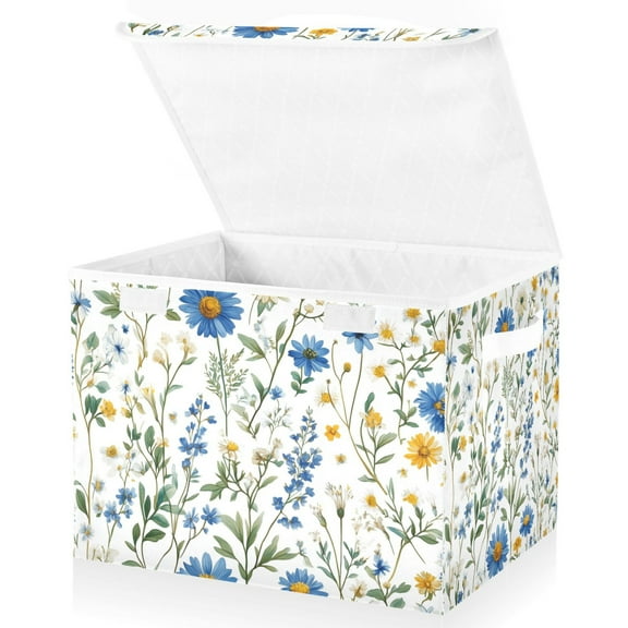 Yayeee Collapsible Cube Storage Bin with Lid Fabric Closet Decorative Basket with Handles, Blue Floral