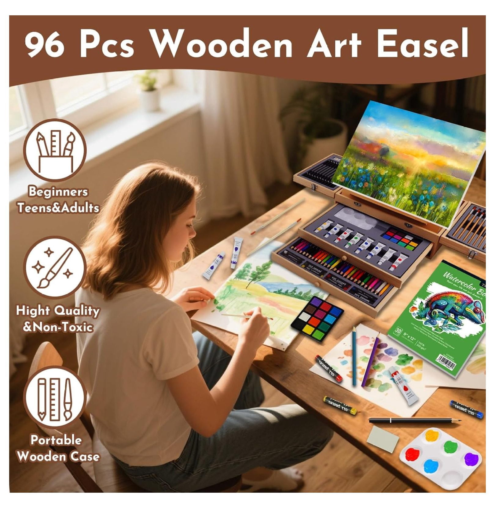 96 Piece Premium Wooden Art Set with 2 Drawing Pads - Painting & Drawing Supplies Kit with Watercolor, Acrylic Paints, Brushes & More Art Supplies for Artists Adults Teens Girls