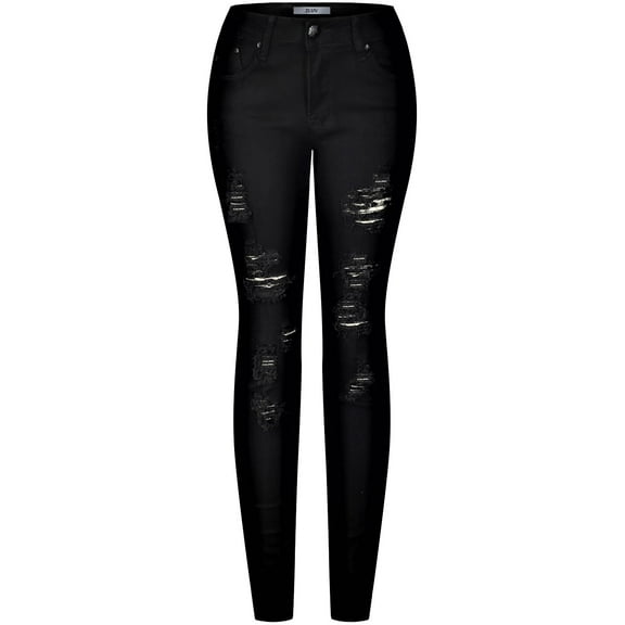 2Luver, Women's, Stretchy 5 Pocket Skinny Distressed Ripped Black Jeans, Black, 1