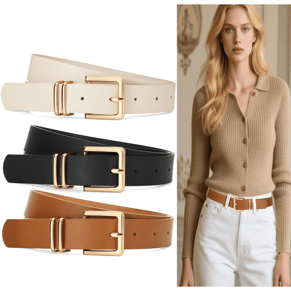 3 Pcs Belts for Women with Gold Pin Buckle Leather Women Waist Belts for Jeans Dresses