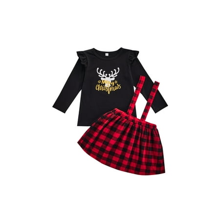 

TheFound Toddler Baby Girls Christmas Outfits Long Sleeve Dear Elk T-Shirt Tops Suspender Overalls Skirts Set