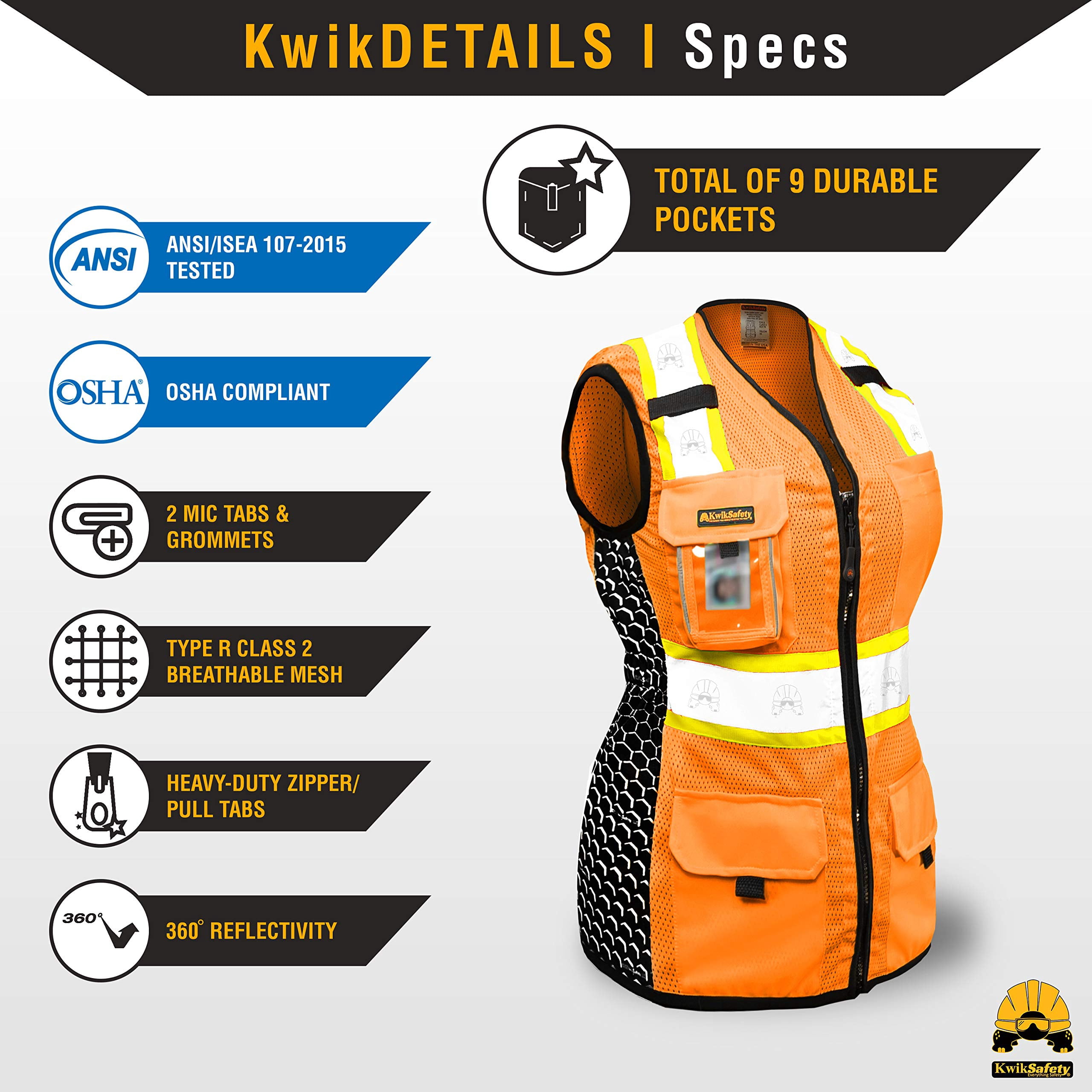 KwikSafety (Charlotte, NC) QUEEN BEE Premium Safety Vest for Women (HONEYCOMB Design) 9 Pockets Class 2 Custom High Visibility ANSI OSHA Reflective Construction Work with Zipper | Orange Large