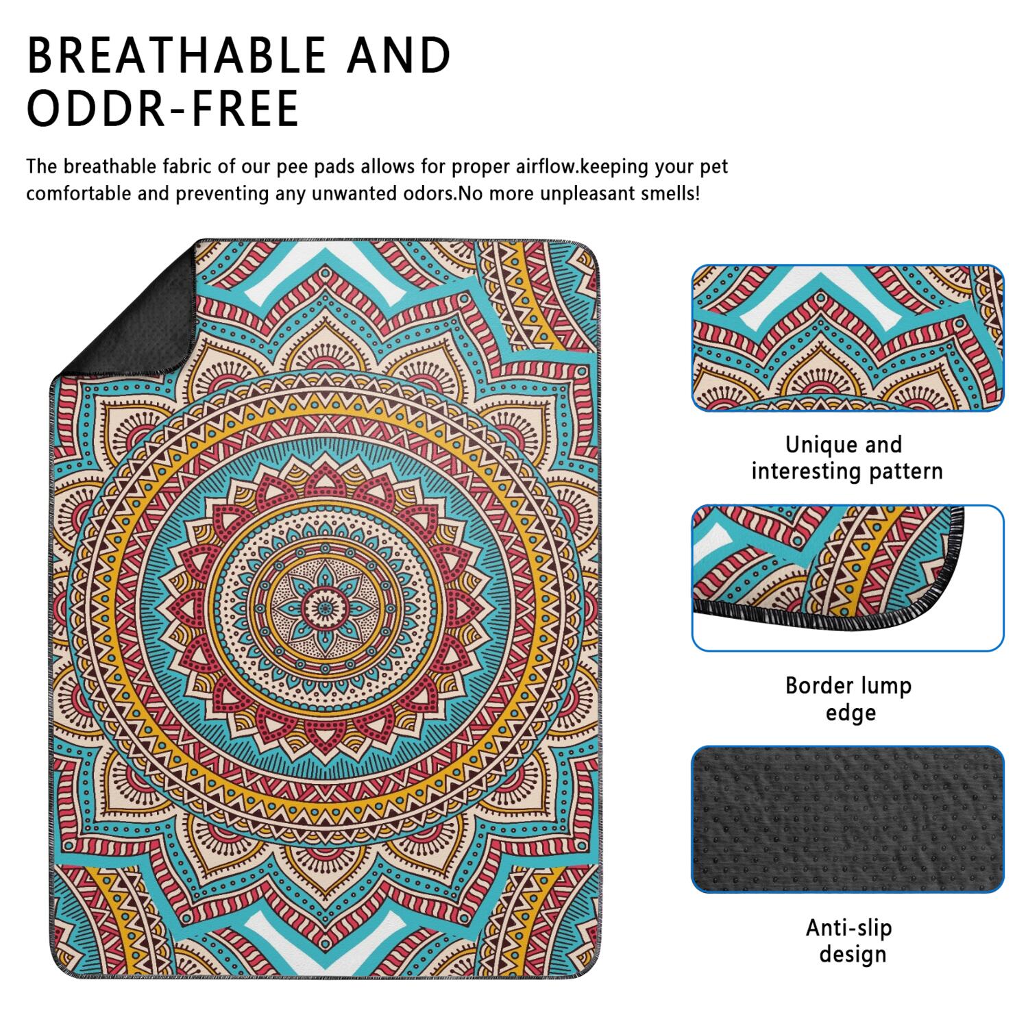 Washable Pee Pads for Small Dogs, 24" x35" Mandala Art, Reliable Potty Solution for Indoor Training, Strong Grip on Tile and Wood Floors.