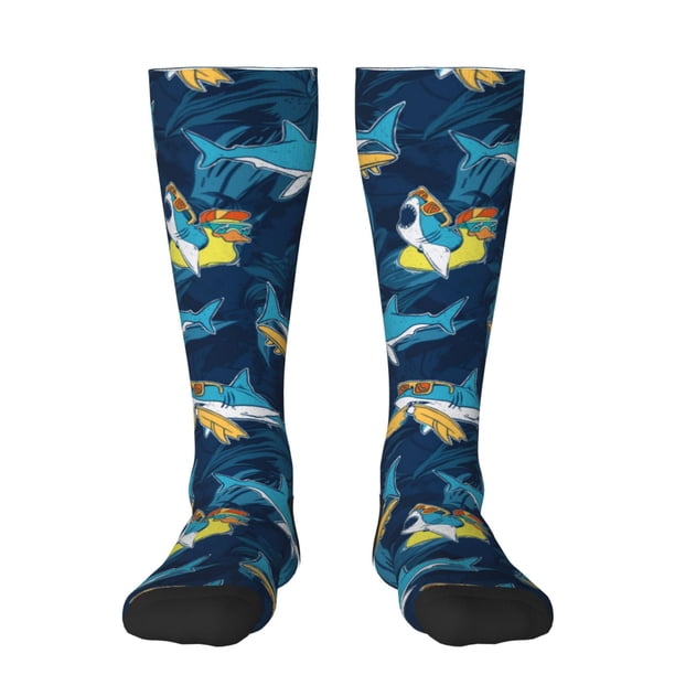 Fotbe Cartoon Surfer Sharks Calcetas Divertidas Estampadas para Hombre y Mujer, Calcetas de Algodón hasta la Rodilla para Caminar, Correr, Enfermería y Embarazo