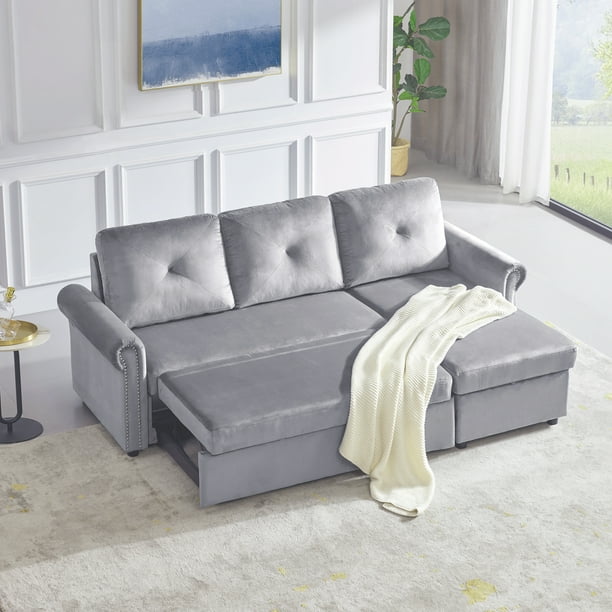 83 Square Arm Sofa Bed Sectional Tufted Twin Size Sleeper Sofas With Storage Chaise Upholstery Mid Century Couch Solid Wood Frame For Living Room 900lbs Grey S1751 Com 83 Square Arm Sofa Bed Sectional, Leather Sleeper Sofa With Storage Chaise