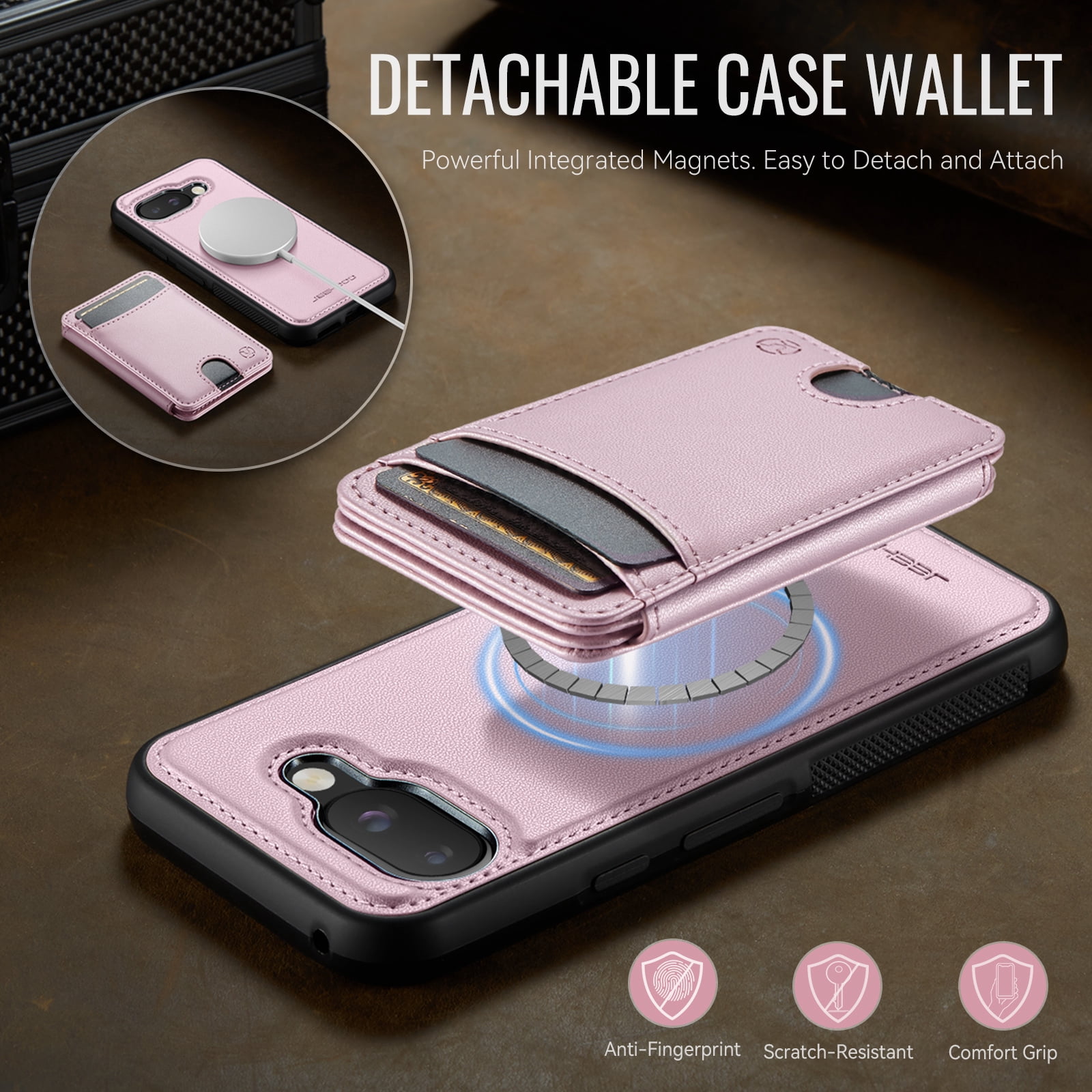 For Google Pixel 10A Phone Case,2-in-1 Magnetic Removable Flip Card Holder,Compatible With Mag-Safe,Anti-Scratch PU Leather,With Card Slots,Kickstand,Shockproof Durable Phone Case,Pink