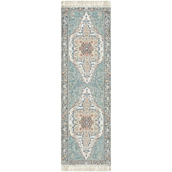 Hauteloom Bohdan Bohemian Hand Loomed Vintage Medallion Runner Rug - Oriental Fade Look Traditional Floral Carpet for Hallway, Kitchen - Tasseled - Teal, Aqua, Peach - 2'6" x 8'