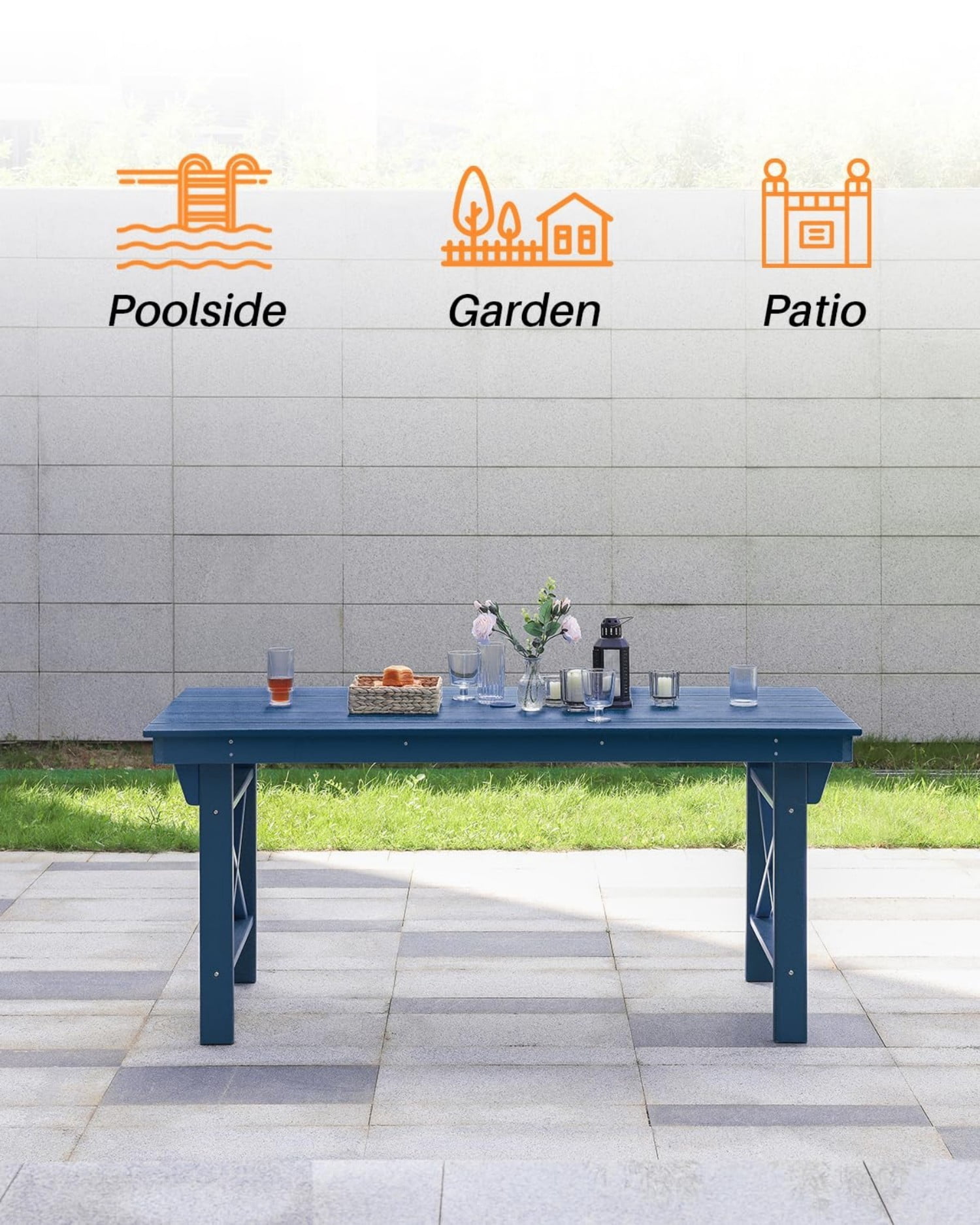 HDPE Outdoor Dining Table for 6, 66.9" Rectangular Patio Dining Table with 2.2" Umbrella Hole, All-Weather Outdoor Table for Backyard, Deck, Garden, Poolside, Navy
