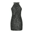 thumbnail image 4 of IROINNID Rollbacks Sequin Dress for Women Club Night Mini Dress Round Neck Sequins Sleeveless Solid Mini Dress Sequin Dress,Black, 4 of 5