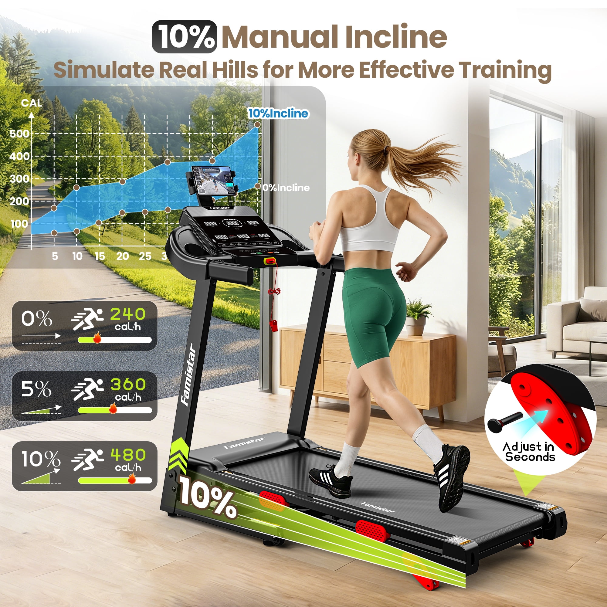 Electric Folding Treadmill for Home with Adjustable Incline & APP, 9MPH Speed, 330lbs, HiFi Bluetooth Speakers, 3.75HP Foldable Compact Treadmill Walking Running Machine