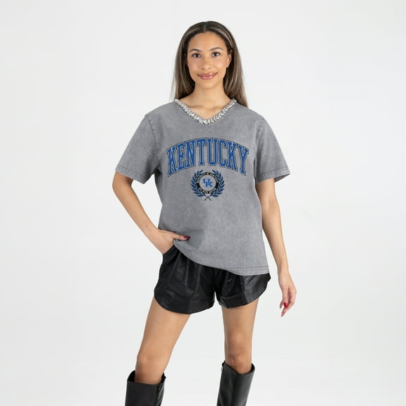 Women's Gameday Couture Gray Kentucky Wildcats Iconic Edge Rhinestone V-Neck T-Shirt
