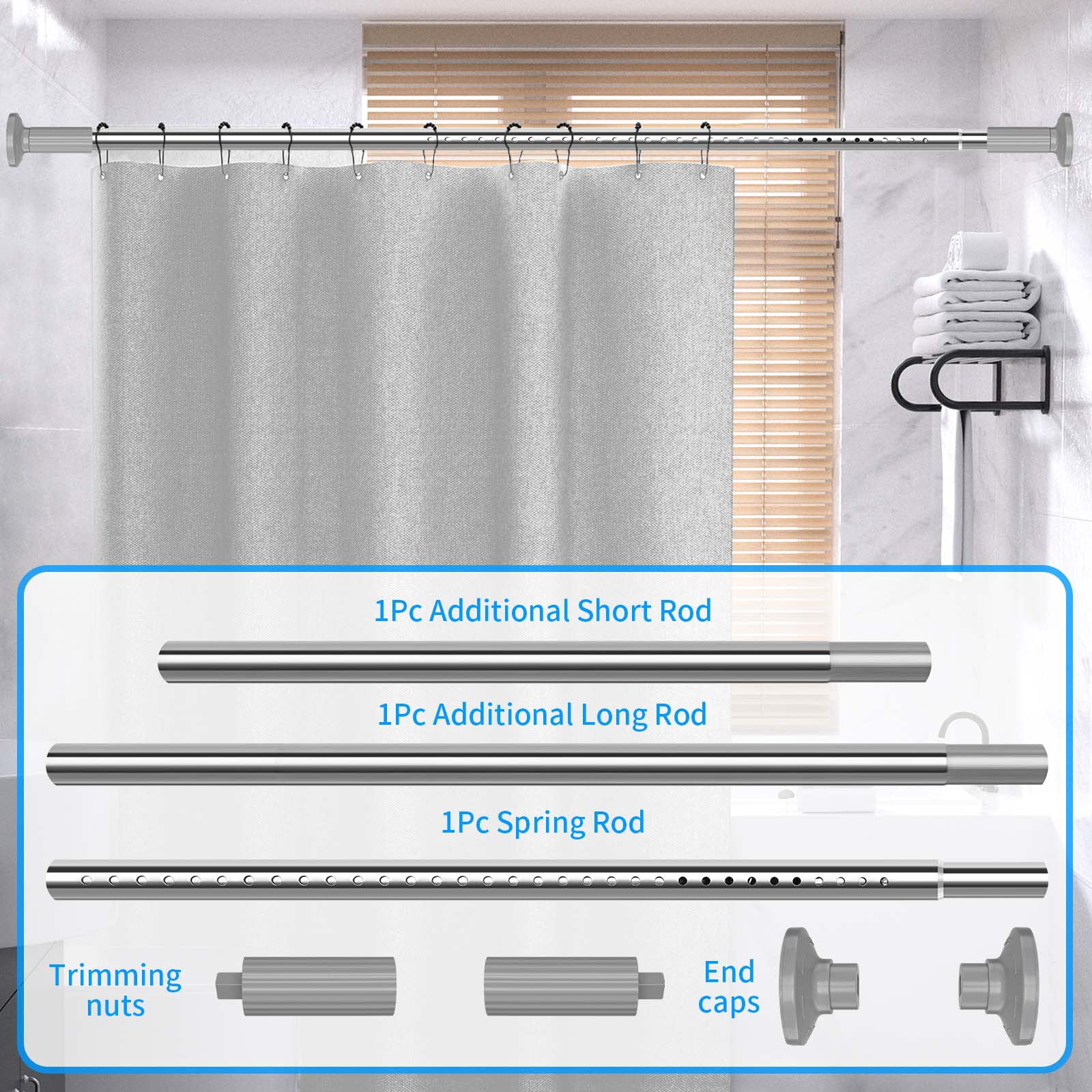 Ktinnead Tension Curtain Rod 51-128in, Extra Long Curtain Rod No Drilling for Window or Bathroom Patio, Adjustable Spring Shower Curtain Rod, Easy to Install Never Rust, Rod Diameter 1.26in-Silver