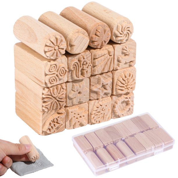 48 piezas de sellos de madera para cerámica, 2 x 0,6 pulgadas, herramientas para sellos de madera para cerámica, sellos de bloques de madera con caja de plástico transparente, kit de sellos con patron