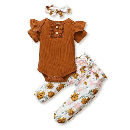 

Dooleck Baby Clothes Ribbed Bodysuit Jogger Pants Female Infant Outfit Sleepwear