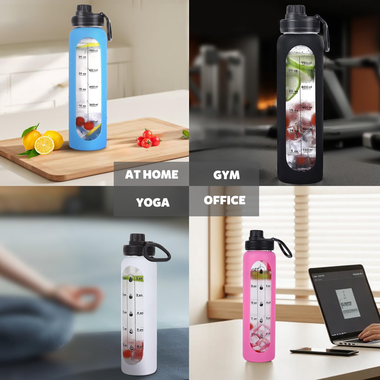Glass Water Bottles 32oz with Silicone Sleeve Drinking Hydration Bottles Reusable Borosilicate Wide Mouth Motivational Water Flask Canteen with Time Marker Spout Lid and Brush
