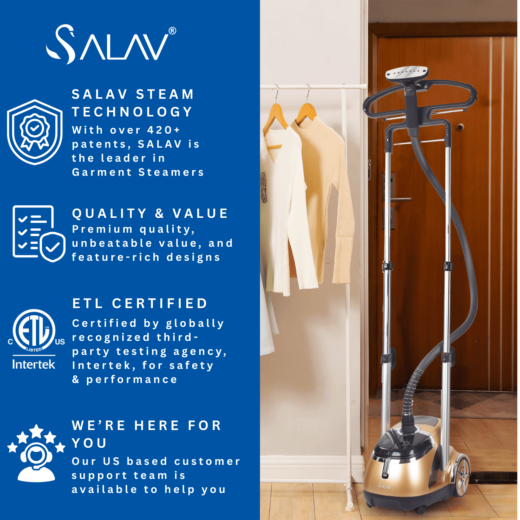 SALAV Pro Series Garment Steamer with Dual Bars & Foot Pedal Controls