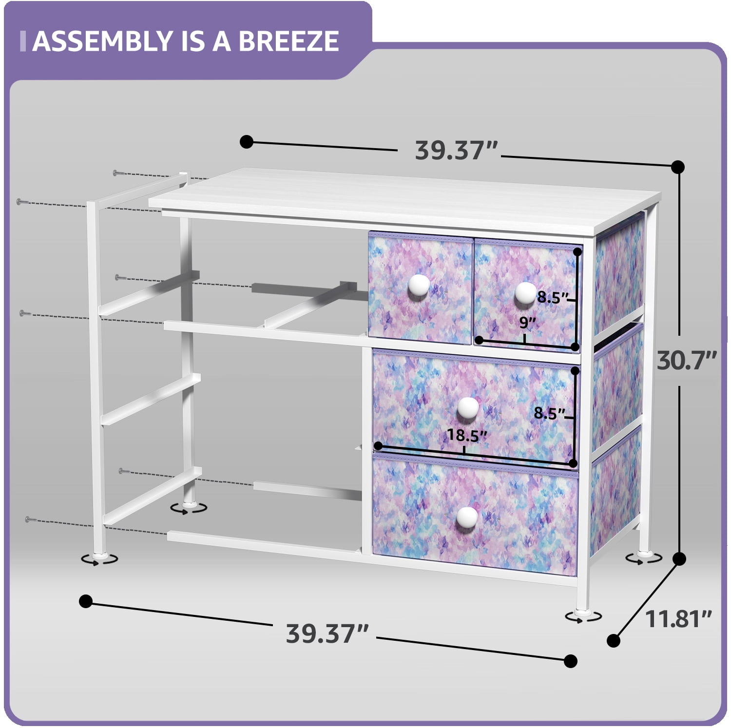 Sorbus Kids Fabric Dresser, 8 Drawer Storage Tower, Steel Frame, Tie-Dye Purple