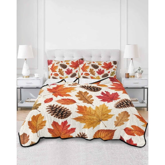 Quilts Queen Size, Pine Cone Fall Soft Comforter Bedding Set for Bed, Thanksgiving Maple Leaves Autumn Lightweight Quilted Bedspread with Pillow Cover(2 Pieces) for All Season, 90x96 Inch