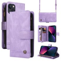 Mantto iPhone 13 Cover, Wallet Card Slot Crossbody/Shoulder Strap   Wristlet Strap Magnetic Flip Premium PU Leather Zipper Pocket With Kickstand For Apple iPhone 13,
Purple