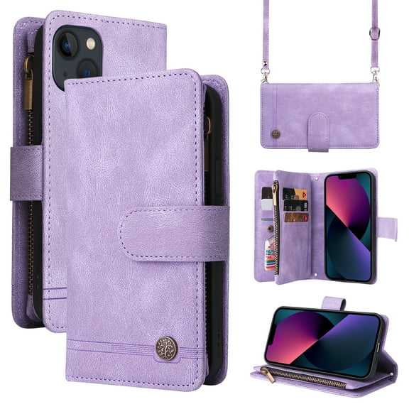 Mantto iPhone 13 Cover, Wallet Card Slot Crossbody/Shoulder Strap Wristlet Strap Magnetic Flip Premium PU Leather Zipper Pocket With Kickstand For Apple iPhone 13,
Purple