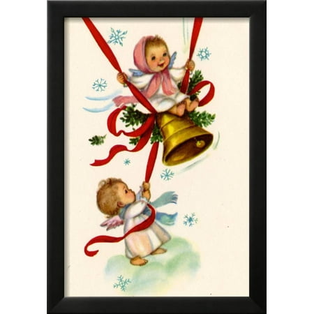 christmas card angels ringing a bell with a girl swinging national