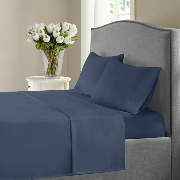 Fresh Linen 1200 Thread Count Twin Size Deep Pocket Solid Cotton Sheet Set (Twin, Navy)
