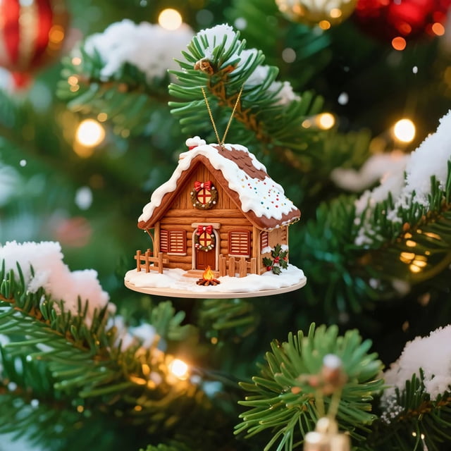 Christmas Acrylic Hanging Decoration | Winter Snowy Hut Design | Lightweight Durable Ornament with Lanyard | 8Cm Christmas Tree Decor | Holiday Home Decoration Gift