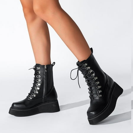 

JNGSA Womens Mid Calf Boots Low Heel Womens Boots Wide Calf Women Boots Pointed Shoes Zip High Gang Shoes Winter Mid Heel Chain Lace-Up Shoes Black Boots For Women Wide Calf