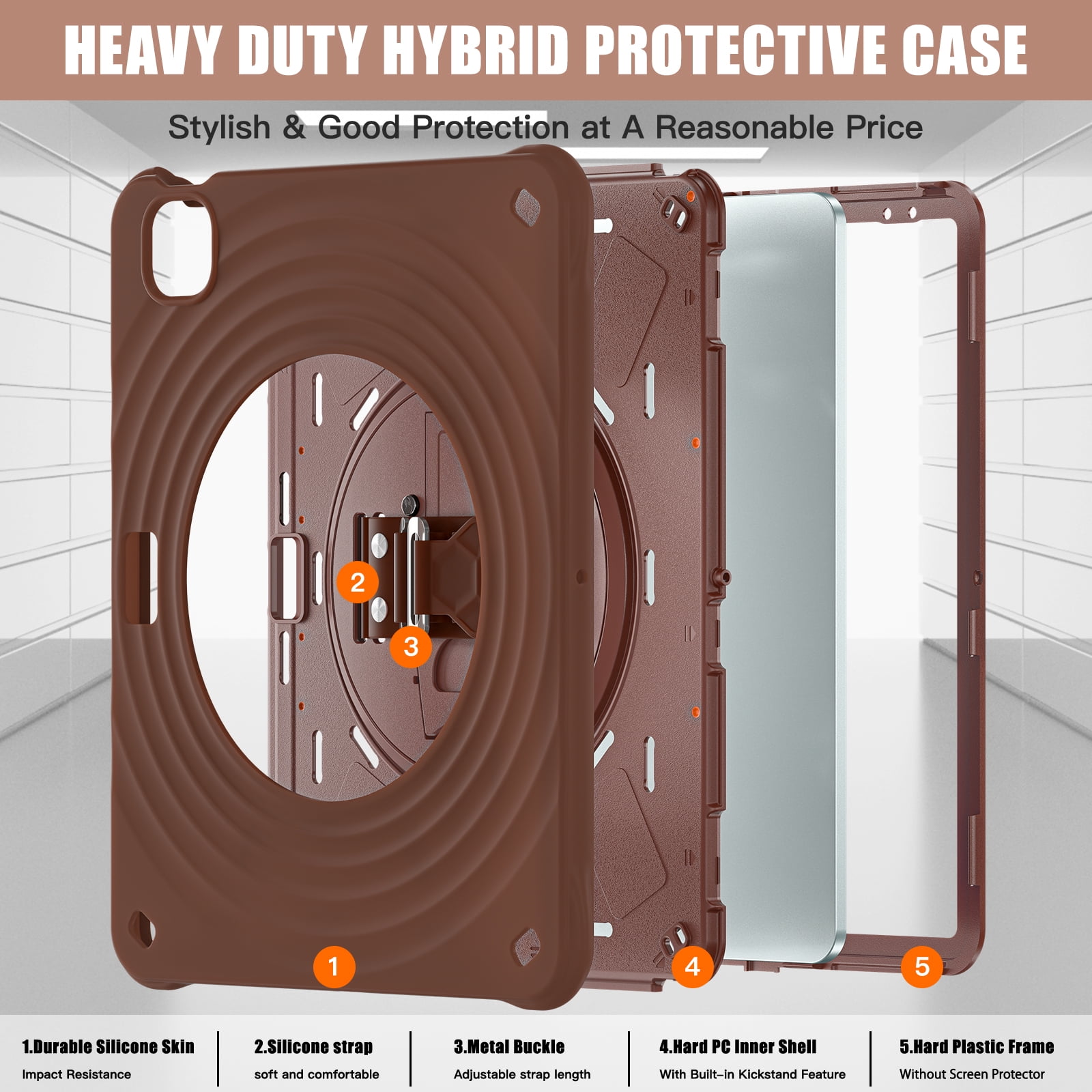 for iPad Air 13" 2025/2024 Case, Durable Sturdy Protection Case with Rotation Stand, Portable Hand Strap and Shoulder Strap Pencil Holder, Heavy Duty Shockproof Anti-Drop Cover, Chocolate