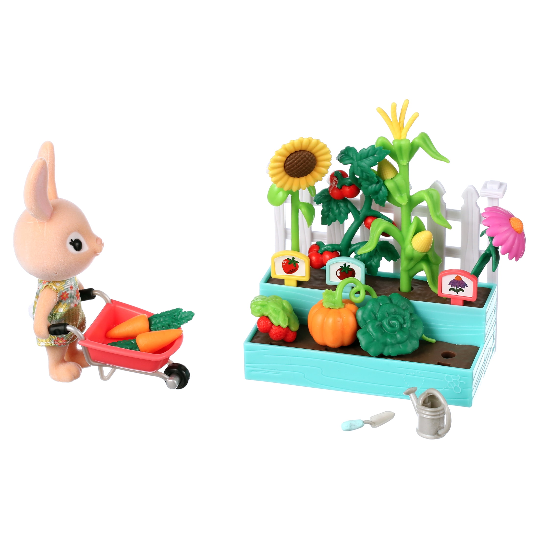 Honey Bee Acres Time to Garden Playset – 16 Piece Miniature Dollhouse Set with Bunny Figure, Wheelbarrow, Vegetables & More&nbsp; – Dolls for Kids Ages 3+