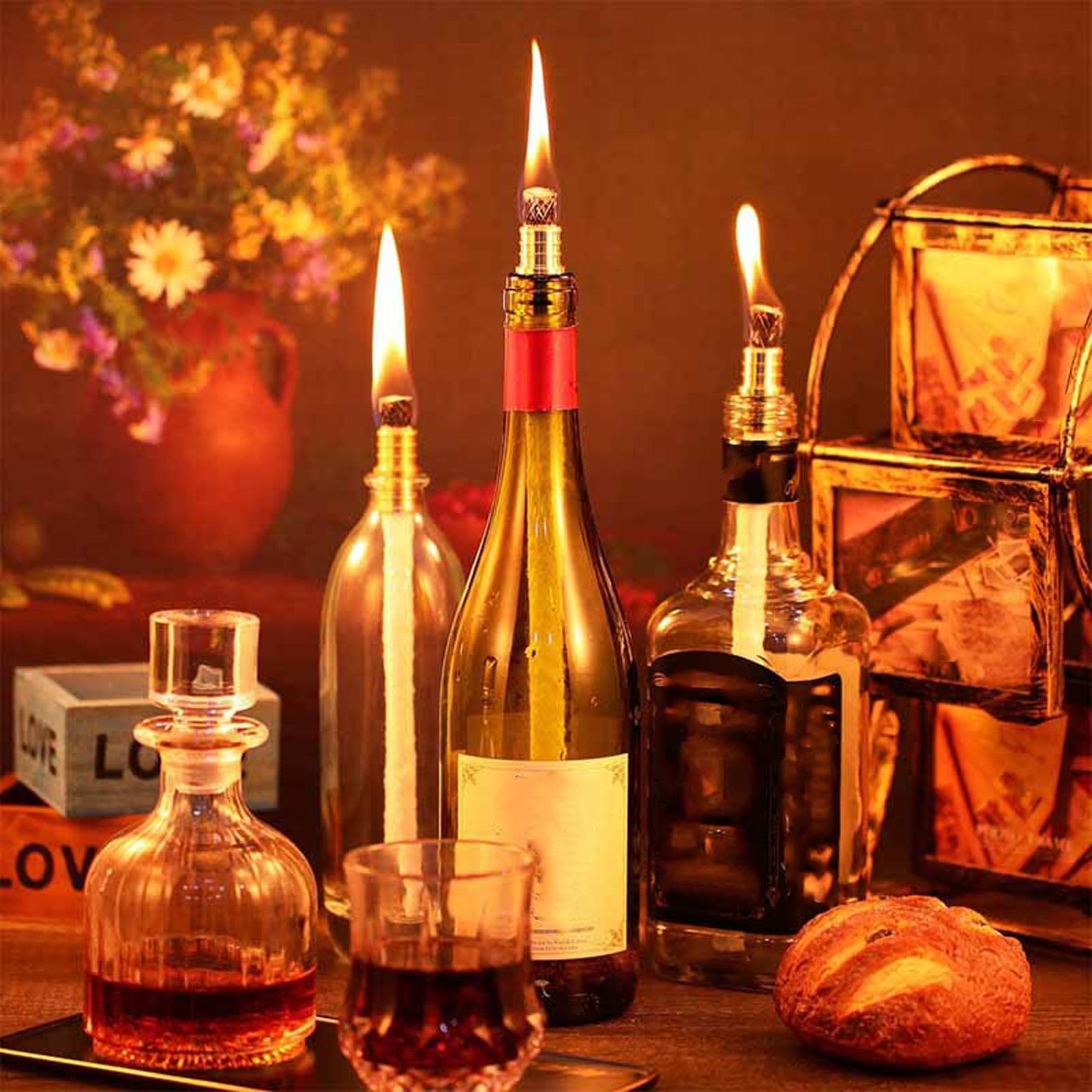 8Pack Wine Bottle Torch Kit Long Life Torch Wicks Brass Torch Wick Holders Caps Wine Bottle Torch for Garden Patio