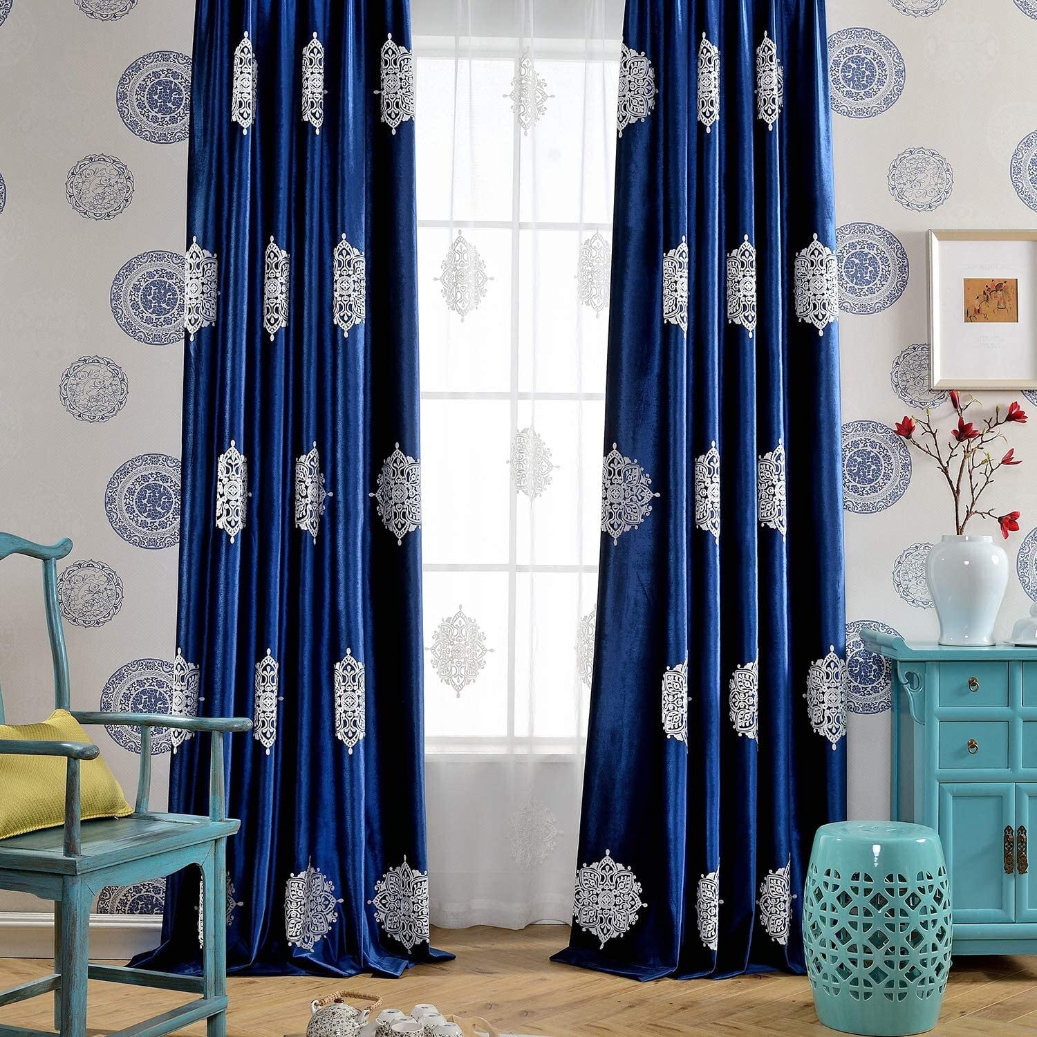 VOGOL European Floral Embroidered White Semi Sheer Rod Pocket Curtains for Bedroom, Kitchen, Small Windows, W52xL63, 2 Panels