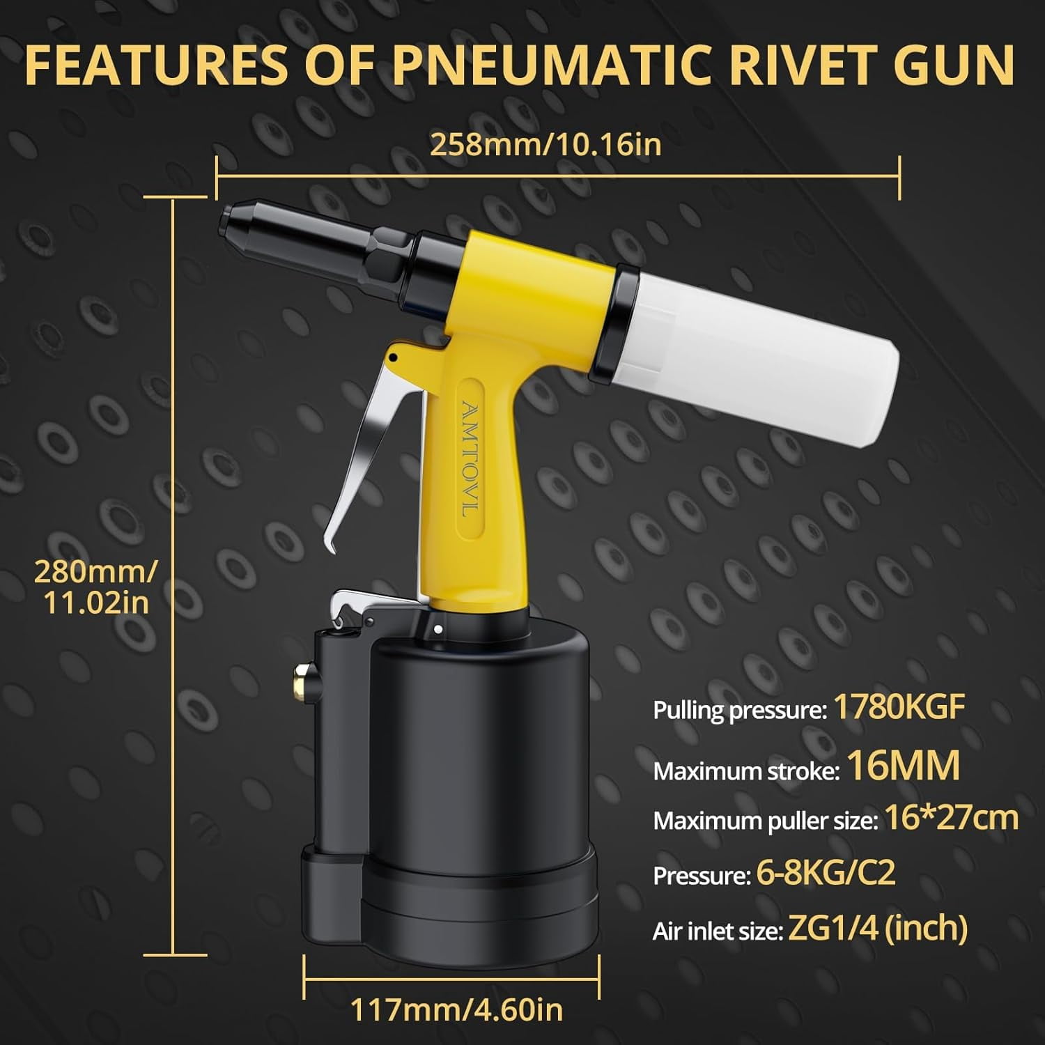 AMTOVL 3917LBF Heavy Duty Pneumatic Rivet Gun, Yellow - 5 Nosepieces (3/32" to 1/4") with 1/4" NPT Air Inlet, Professional Air Riveter for Automotive, Metal & Industrial Fastening