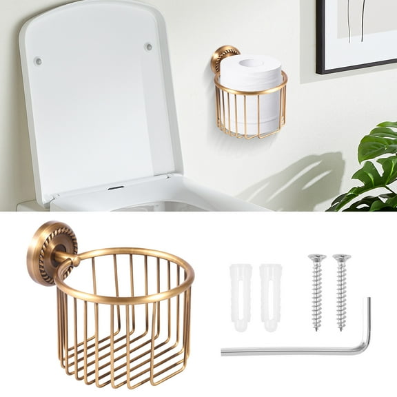 Toilet Paper Holder Vintage Toilet Roll Holder Wall Mounted Bathroom Roll Tissue Wire Basket for Bathroom Storage Antique Brass