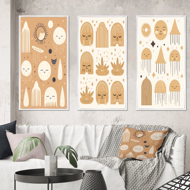 Designart "Moon and Clouds in Boho Dreamtime II" Modern Geometric Framed Wall Art Set Of 3 - Beige Abstract Frame Canvas Set For Living Room Decor